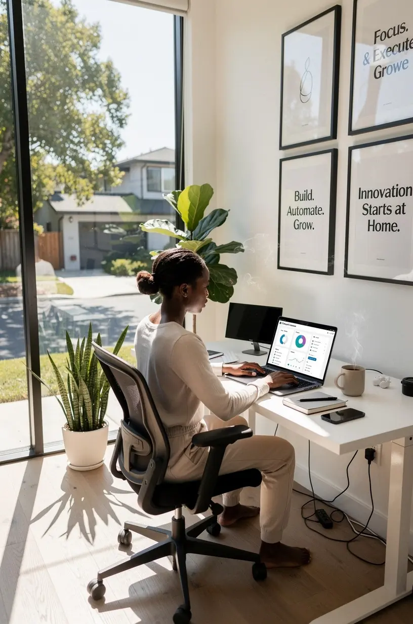 Illustration of a professional analyzing software automation processes on a computer screen to improve productivity in a Canadian office environment