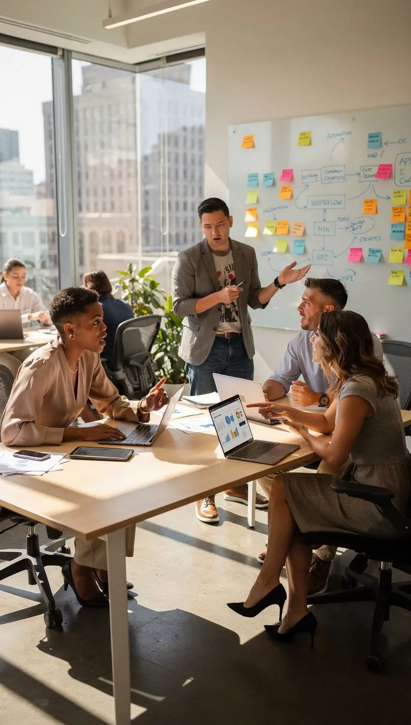 Illustration of a professional analyzing software automation workflows on multiple computer screens to enhance productivity in a Canadian office setting